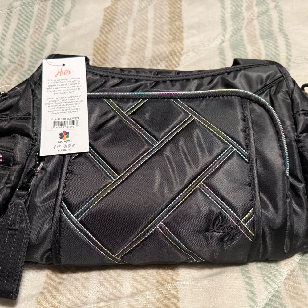 Lug Black Crossbody Bag with Rainbow Stitching